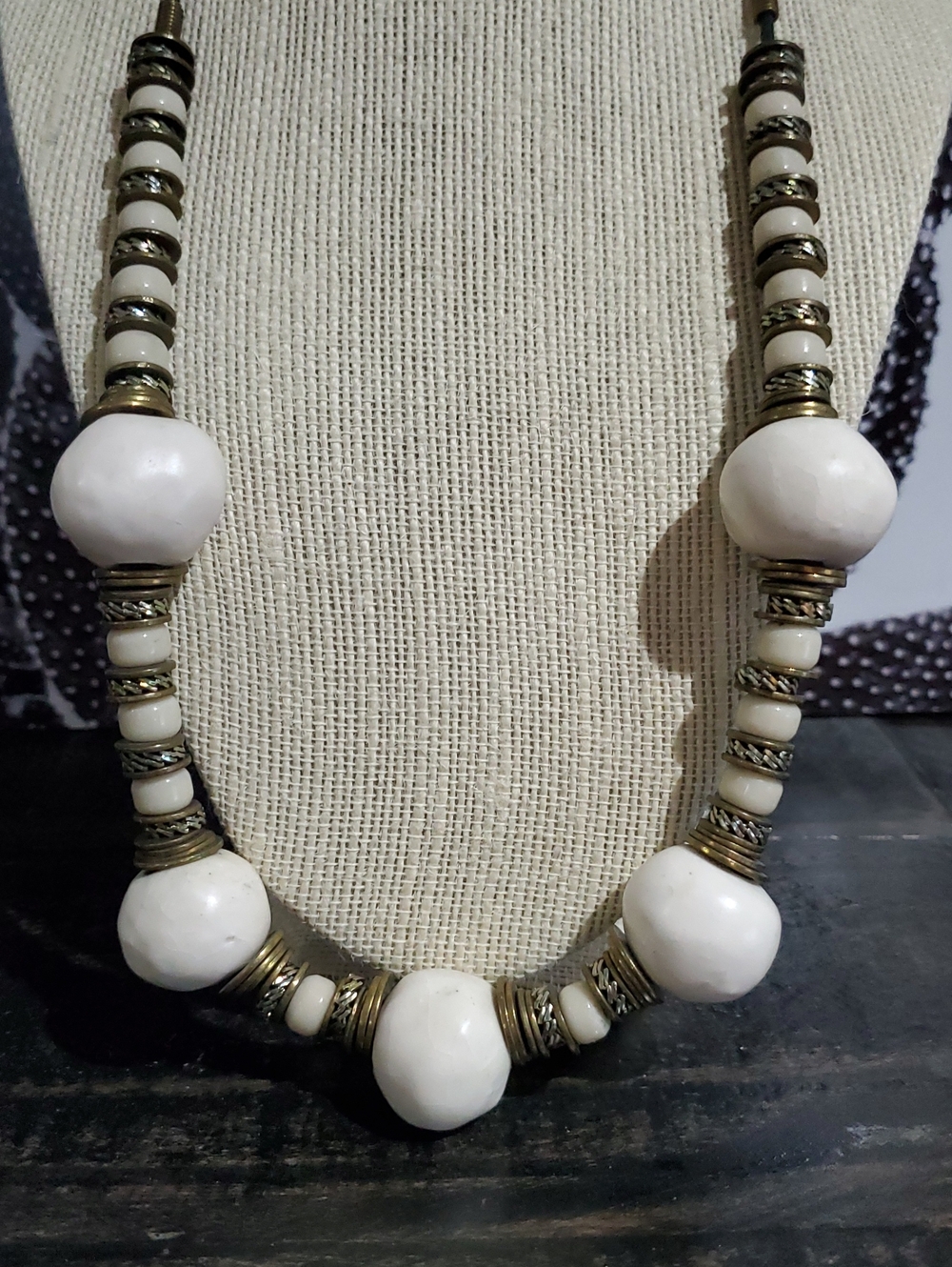 Vintage White Beaded Necklace Antique Gold  Silver Brass Tone Accents Leather